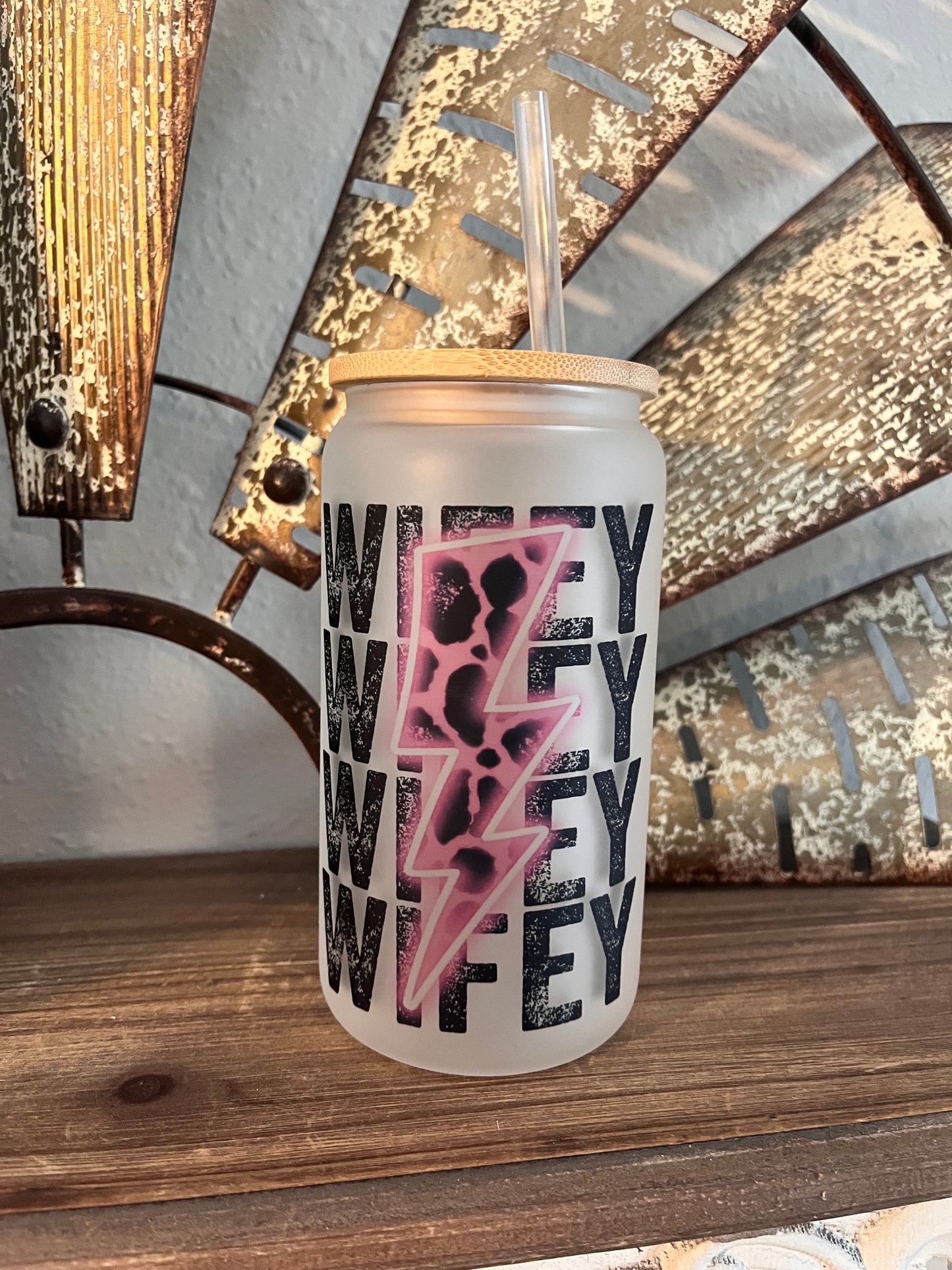 Wifey with neon lightning bolt 16oz Glass Can Tumbler