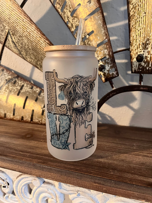 Love Highland Cow Glass Can Tumbler