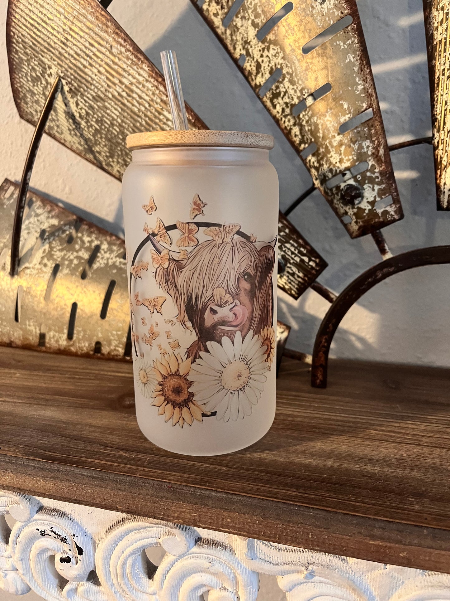 Highland Cow with Sunflowers Glass Can Tumbler